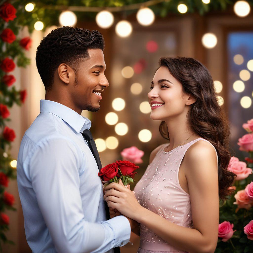 A charming and playful scene featuring a confident person engaging in flirtatious conversation with another, surrounded by subtle hints of romance like roses and heart motifs. The background showcases a soft, dreamy setting with bokeh lights to evoke warmth and allure. Their expressions reflect fun and chemistry, suggesting attraction and desire between them. super-realistic. vibrant colors. soft focus.