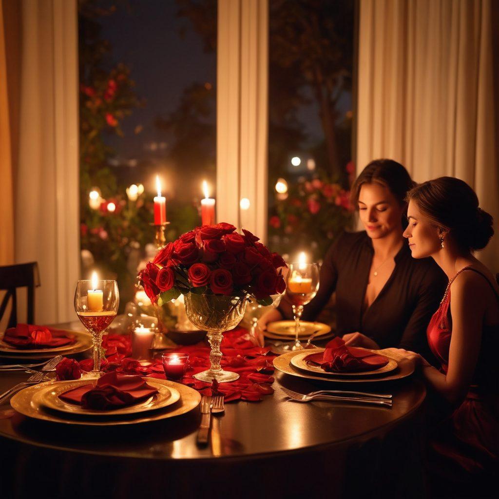 A steamy candlelit dinner setting with a beautifully set table, rich red and gold tones creating a romantic ambiance. Silhouettes of a couple leaning toward each other suggest intimacy, with soft, blooming roses in the foreground and a glass of red wine placed invitingly. Warm, inviting tones with a touch of playful mischief. romantic, lush colors, super-realistic.