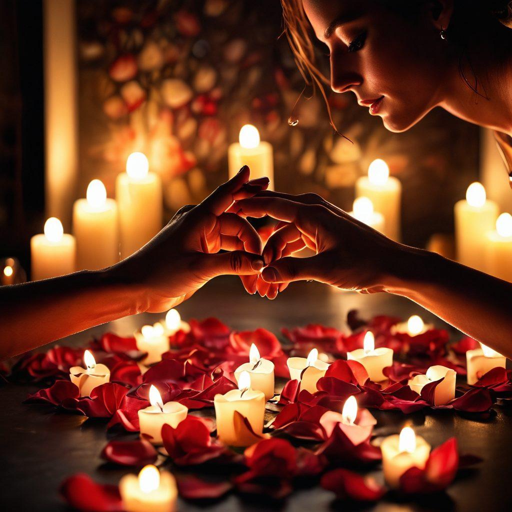 A captivating scene featuring a dimly lit, romantic setting with soft, flickering candlelight illuminating a pair of intertwined hands, representing intimacy and connection. In the background, suggestive silhouettes of a couple sharing a passionate moment, surrounded by delicate rose petals and an inviting atmosphere. The color palette should be warm and inviting, emphasizing deep reds and soft golds. super-realistic. soft focus. moody lighting.
